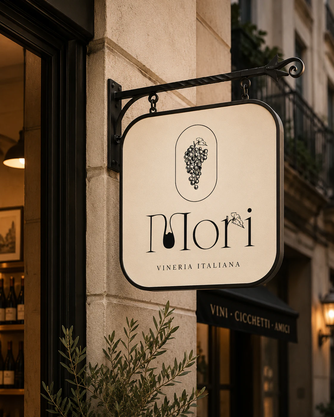 Marchio Mori applicato all’insegna di una vineria.