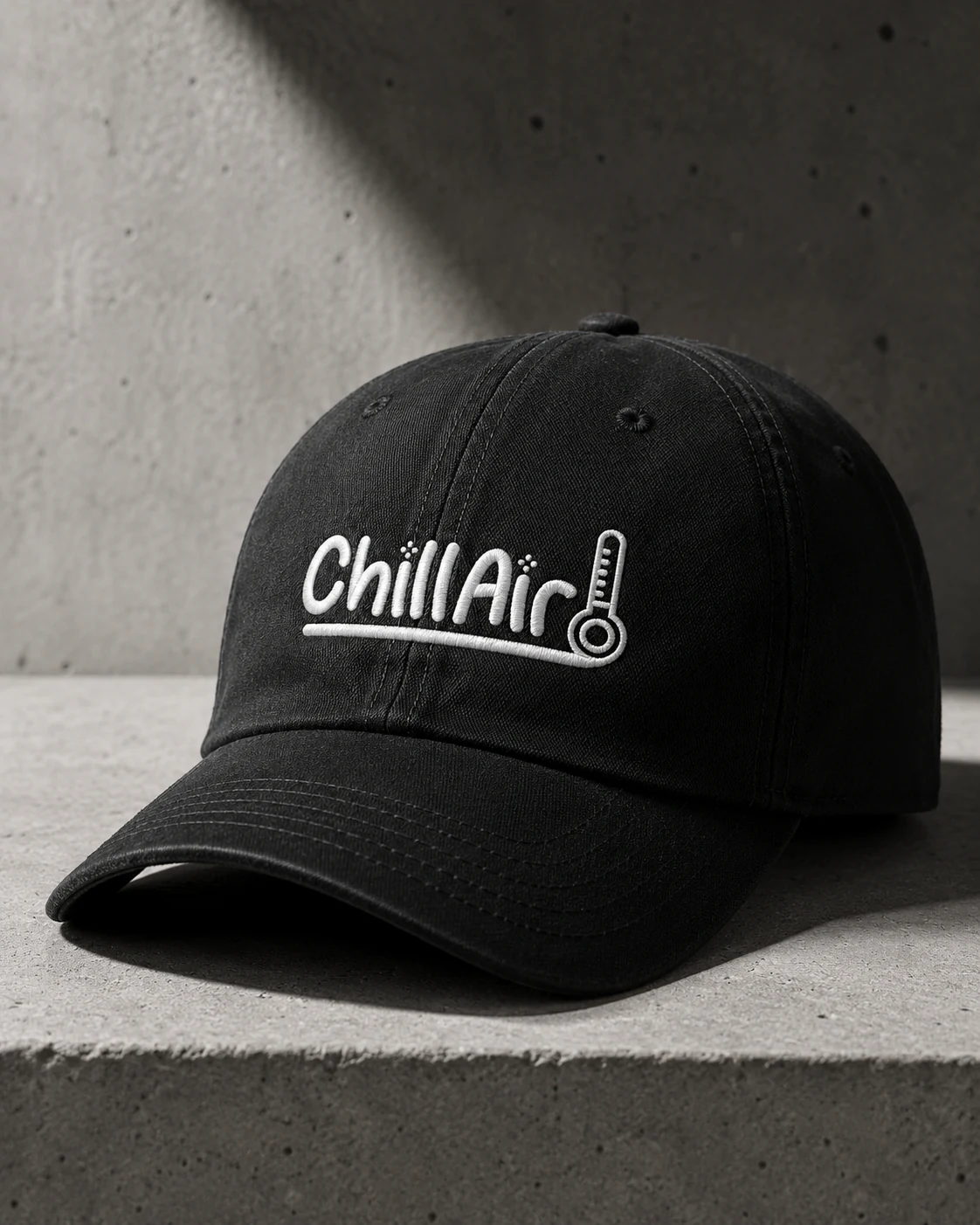 Marchio ChillAir ricamato su un cappellino nero.