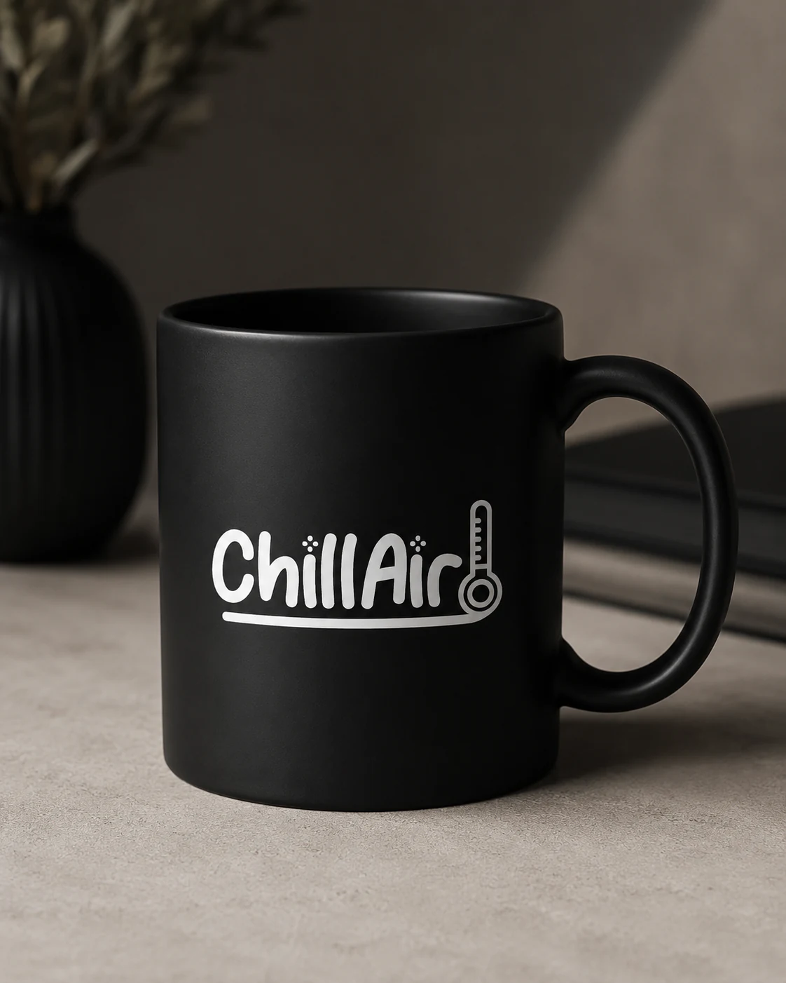 Marchio ChillAir applicato a una tazza nera.